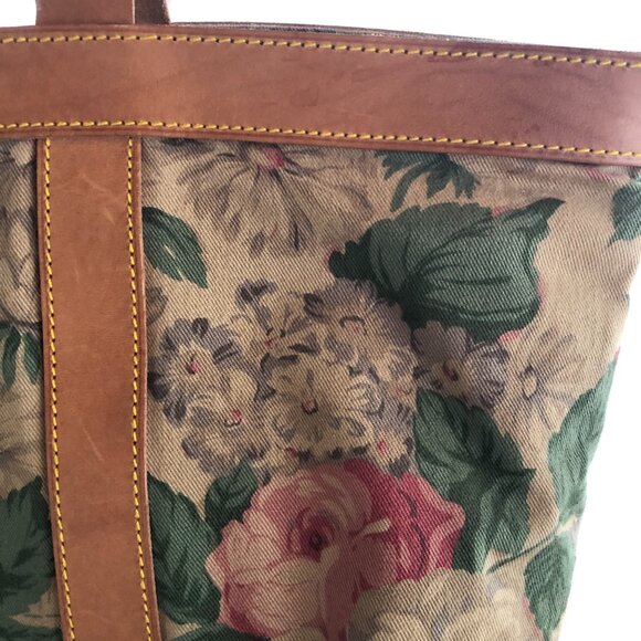 VINTAGE RALPH LAUREN TOTE OVERNIGHT BAG FLORAL LEATHER CANVAS - Picture 8 of 11